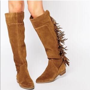 ALDO Cyndy Tan Suede Fringe Tall Knee Boots SZ 7.5 Women Almond Toe